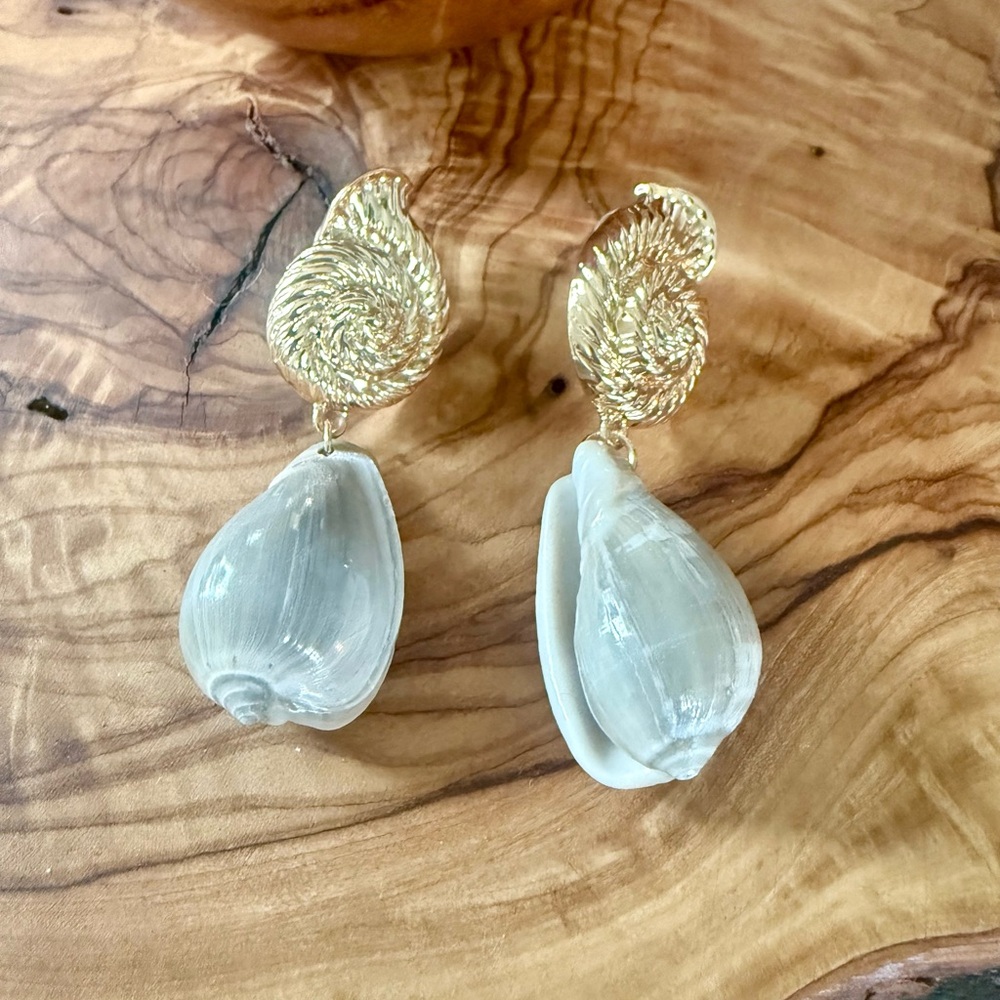 Gold Shell Drop Earrings with White Shell Accents